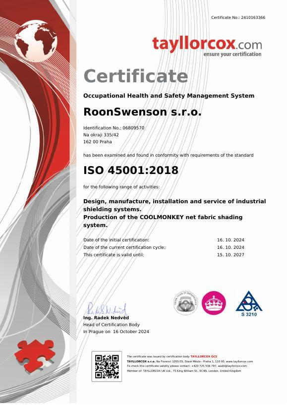 ISO 45001:2018 Occupational Health and Safety Management System – RoonSwenson s.r.o.